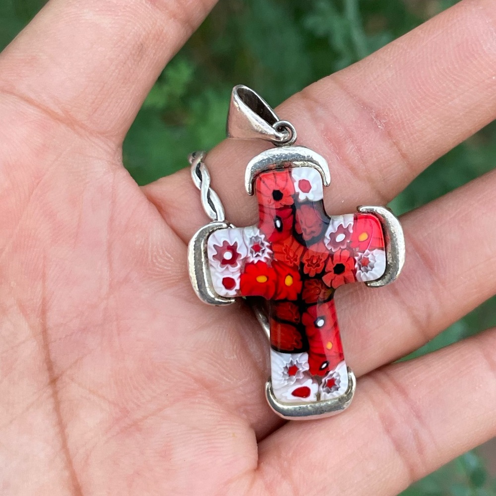 Handmade in Murano, Italy Millefiori glass cross 925 sterling silver pendant - Picture 8 of 16